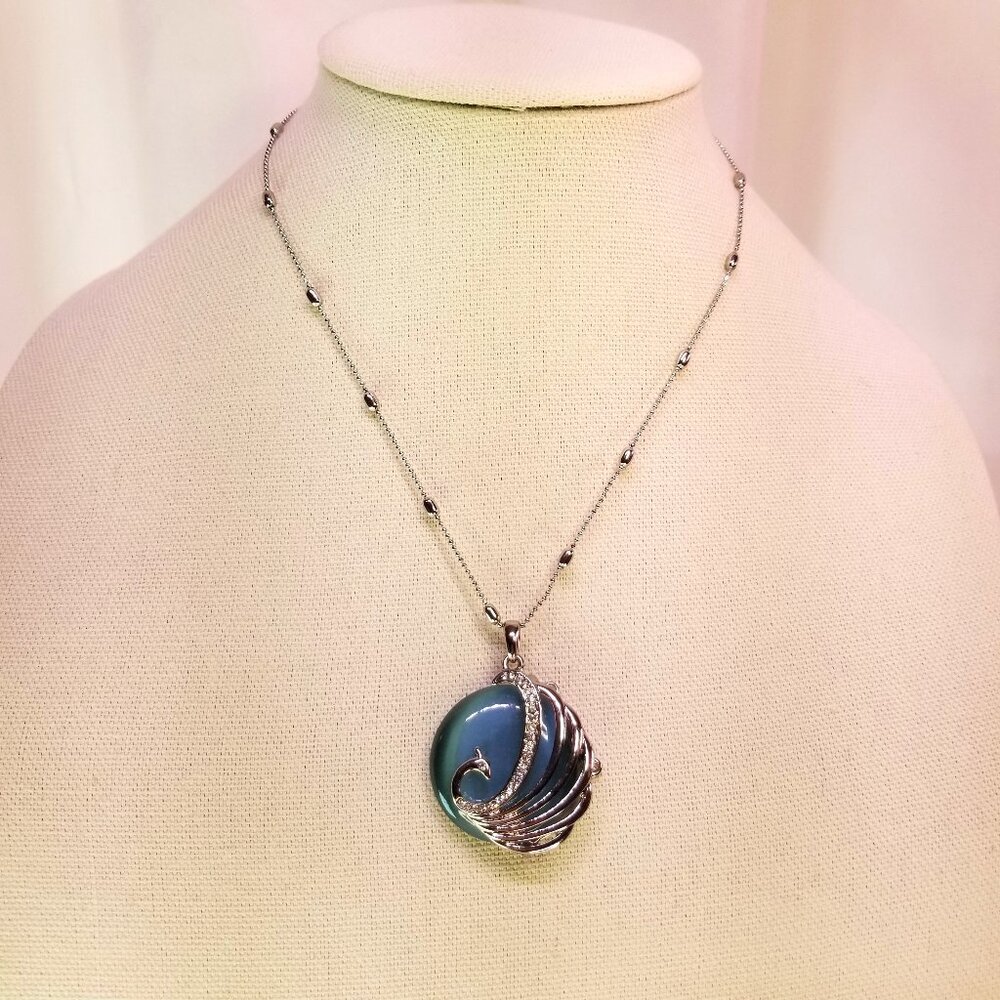 Fashion Jewelry Phenonix Rising Pendant Necklace Silver Tone Blue/Green Stone